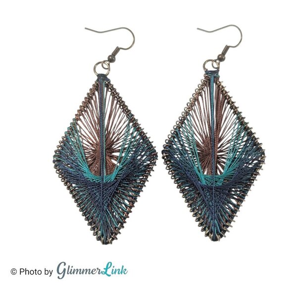Teal Blue & Brown Diamond Shaped Threaded Long Dangle Earrings - Picture 6 of 7